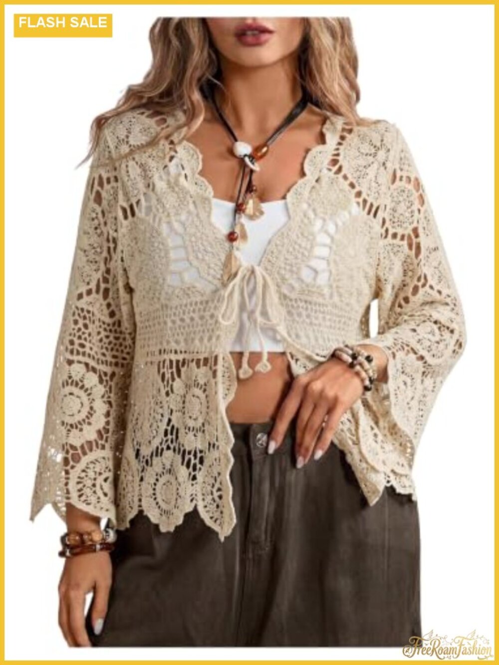 Plus Size Sheer Crochet Boho Cardigan Hollow Out Long Sleeve Tie Front